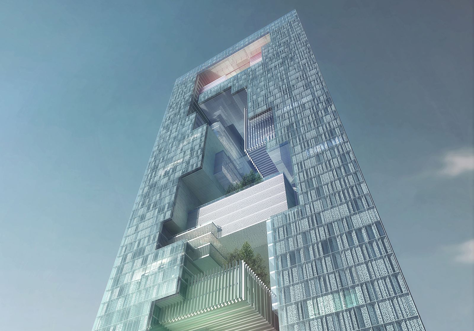 Looking up at a glass tower carved open by a stacked void of terraces, gardens and public decks