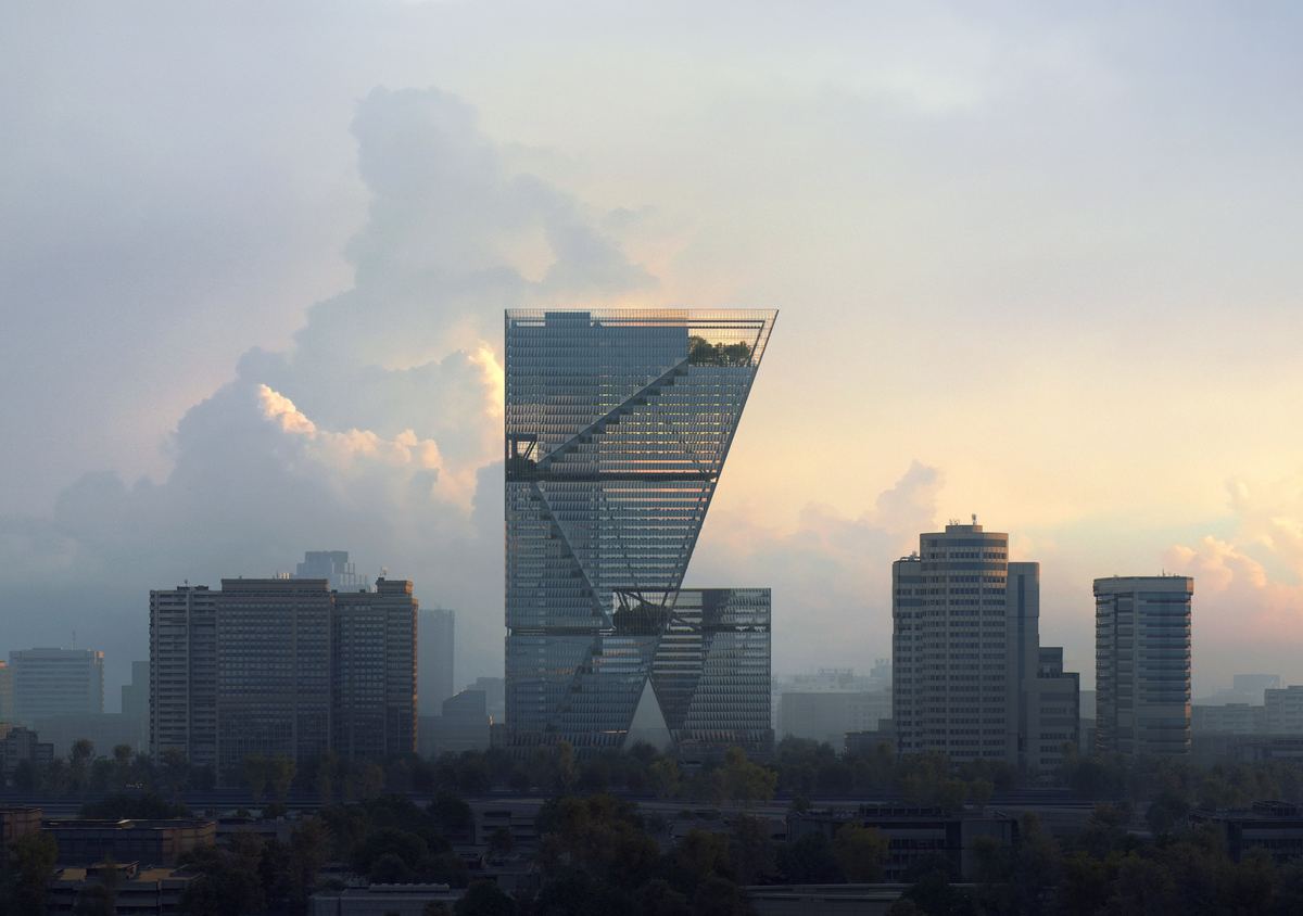 A tower split by stacked voids and sky gardens rising above a hazy city skyline at dusk