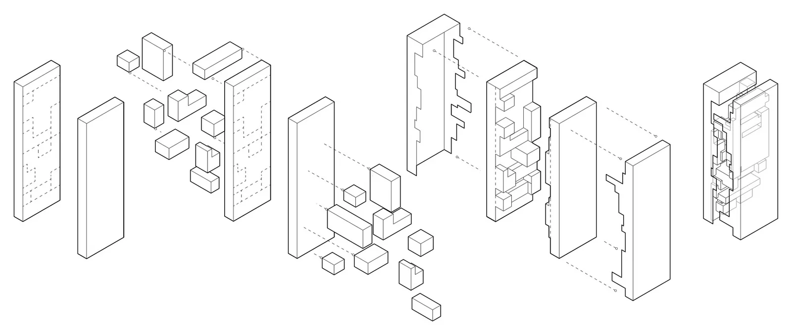 Exploded axonometric: tower slabs carved and assembled around stacked public volumes, threading the commons through the section