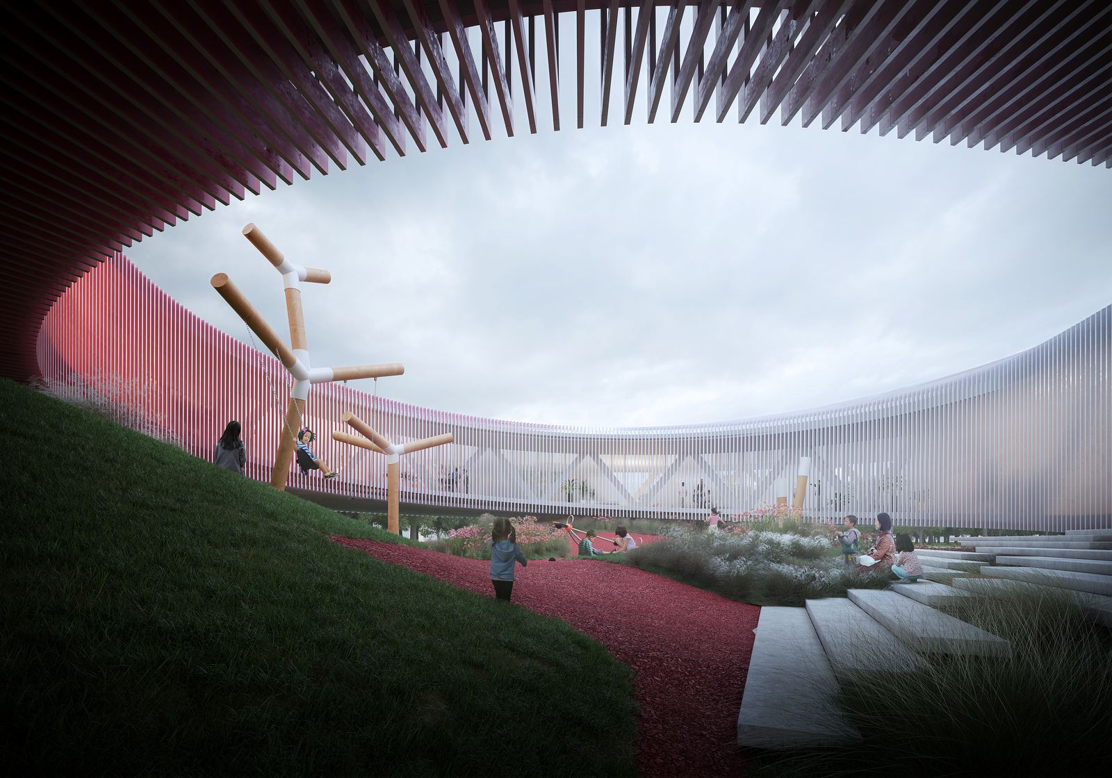 Children playing on a grassy slope and red path in a circular courtyard ringed by slatted timber and white fins