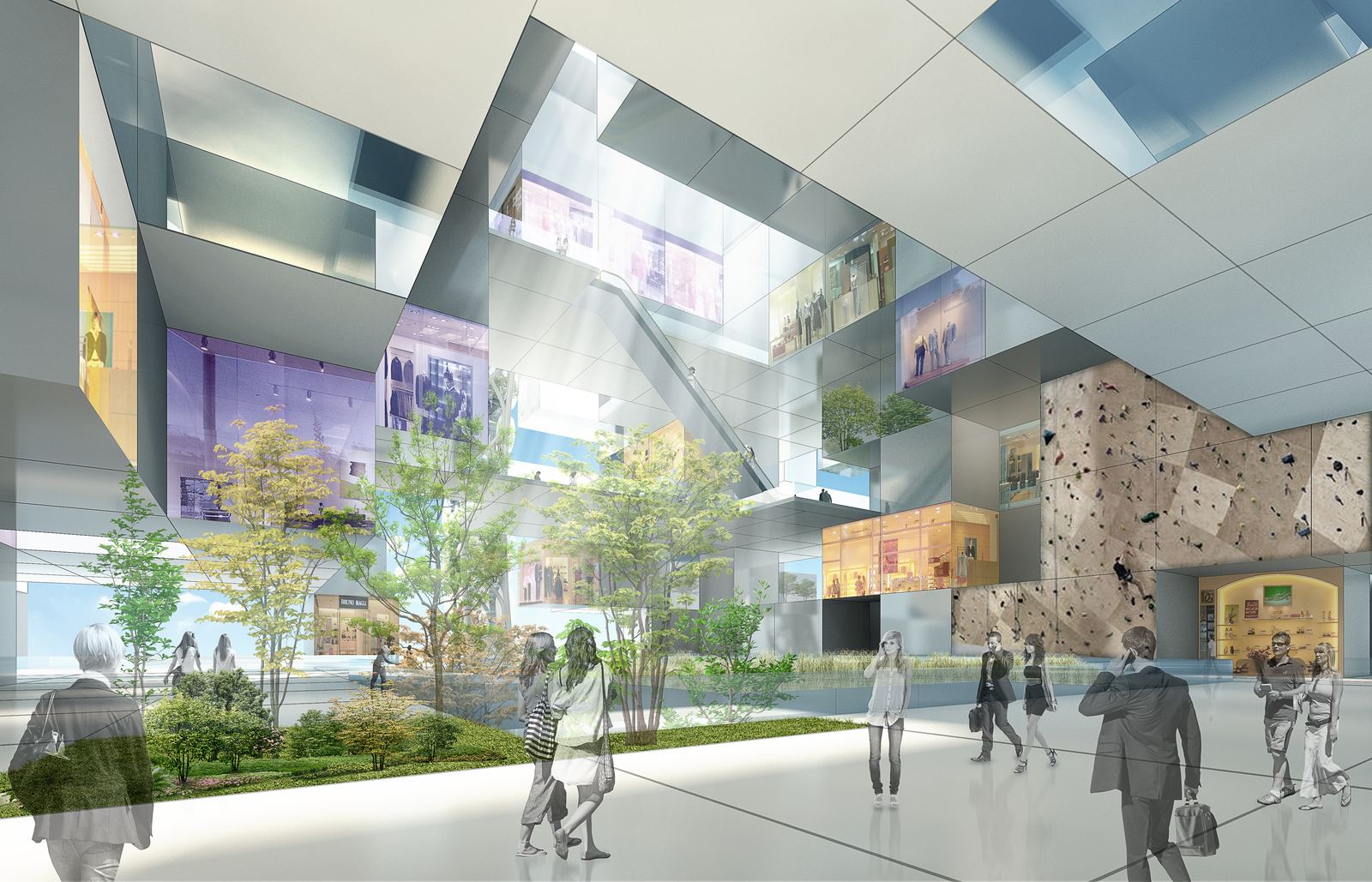 A daylit multi-level retail atrium with glazed shopfronts, a climbing wall, planted courtyard and people crossing the floor