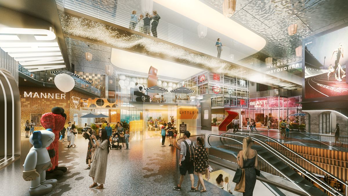 A layered retail atrium with cafés, terraces, art figures and people meeting, browsing and lingering across several levels