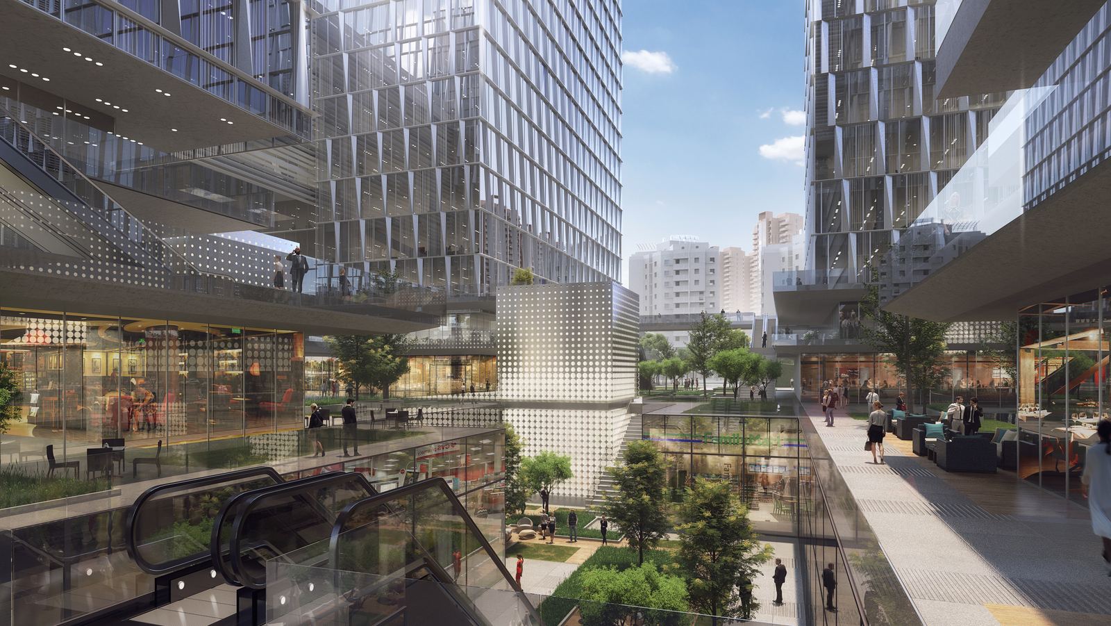 Gemdale Viseen office complex, Hangzhou: terraces, cafés, gardens and walkways threaded between office towers