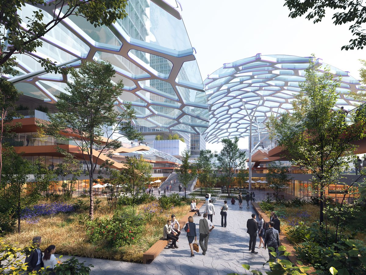 Dongnan AI Campus, Nanjing: a planted garden walk with timber benches beneath a lattice glass canopy, framed by terraced workplace floors and cafés