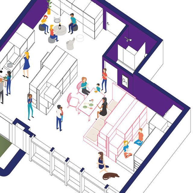 The Living Hive competition entry: an isometric flat at 8 pm, its pink mobile modules arranged for friends and family to gather