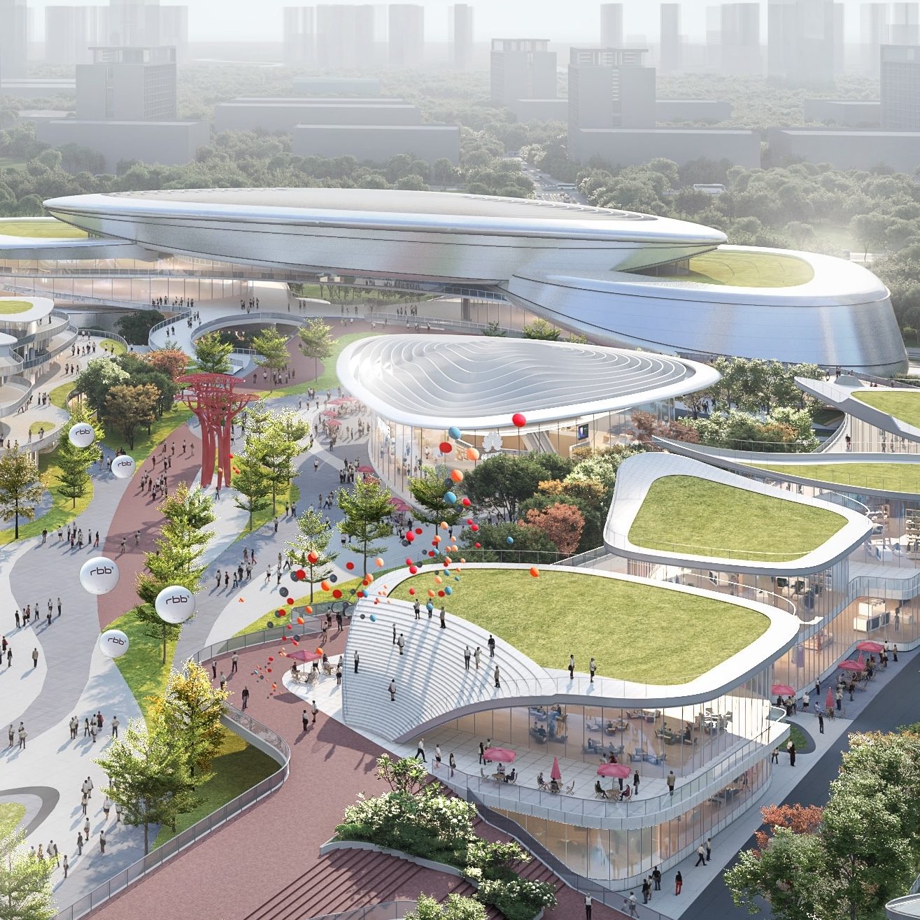 Close aerial rendering: pavilions with stepped seating and grass roofs, open to the park and track