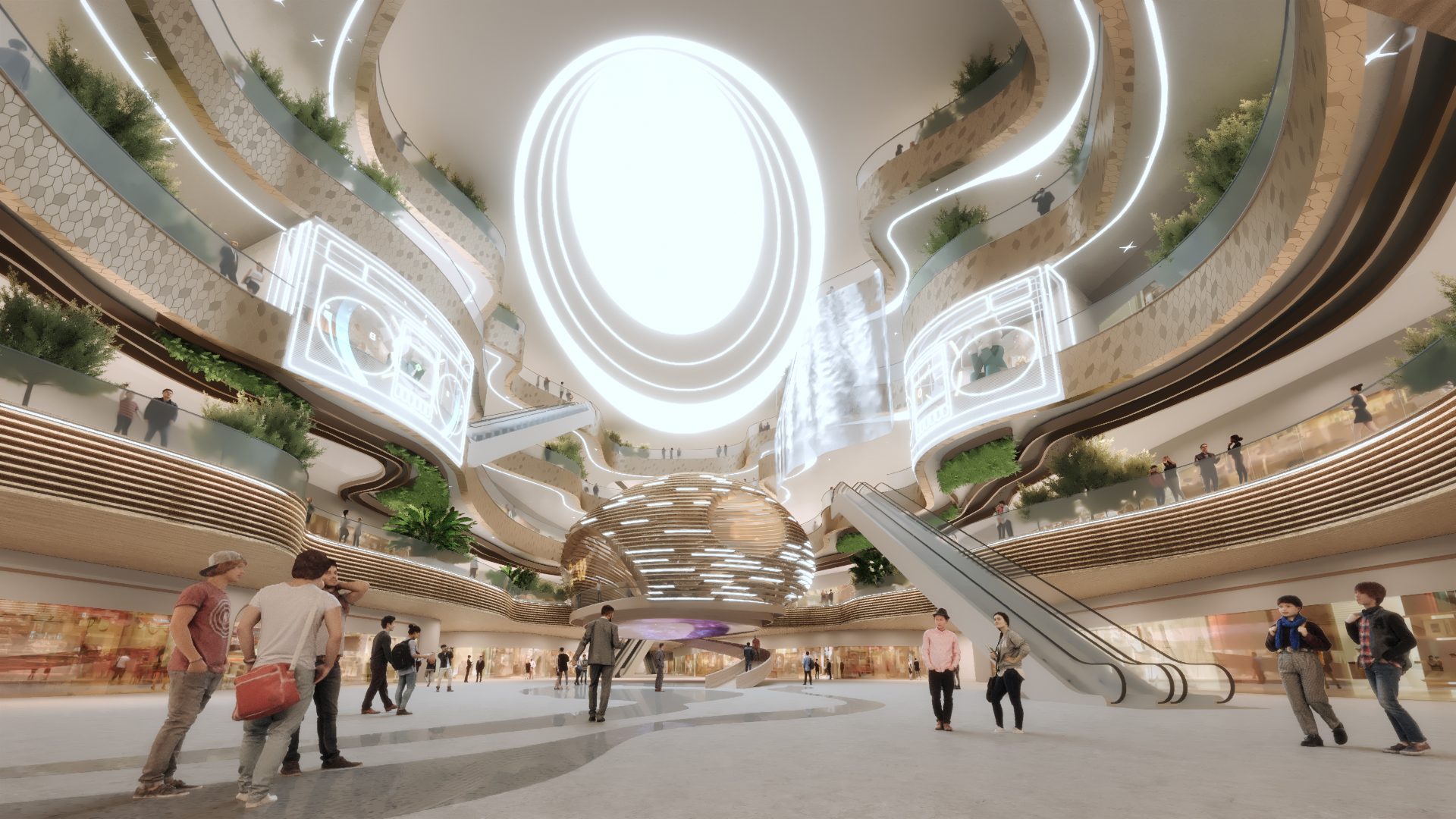 Rendering of the main atrium: curving balconies with planting rise to an oval skylight, with a lattice sphere at the centre