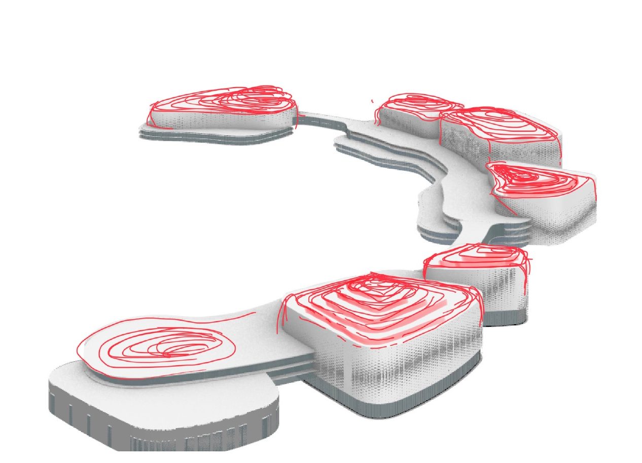 Massing diagram: soft, stacked forms with contour-like roof lines, rising gradually from the ground