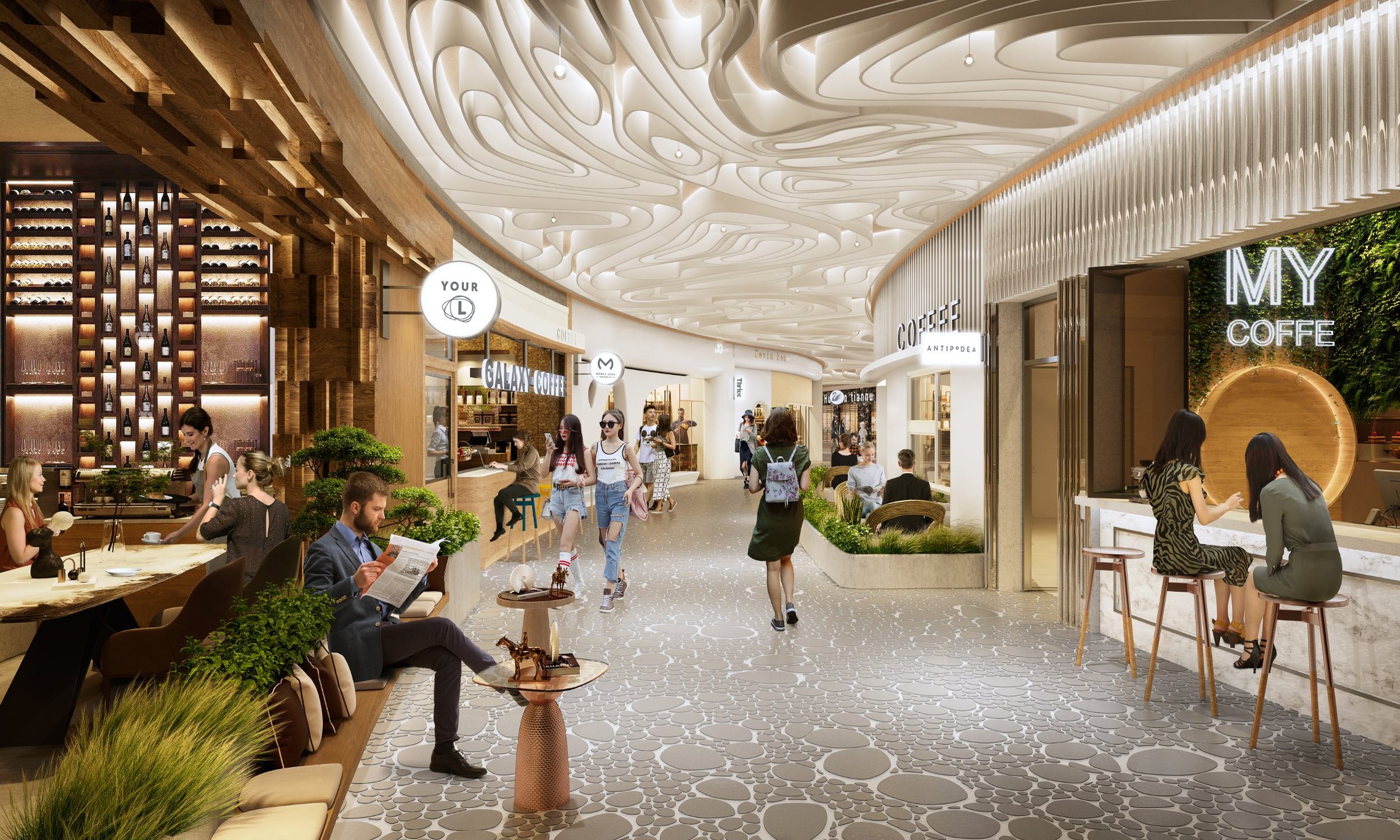 Rendering of an F&B gallery under a sculpted, rippling ceiling, with coffee bars, planting and pebble-patterned floor