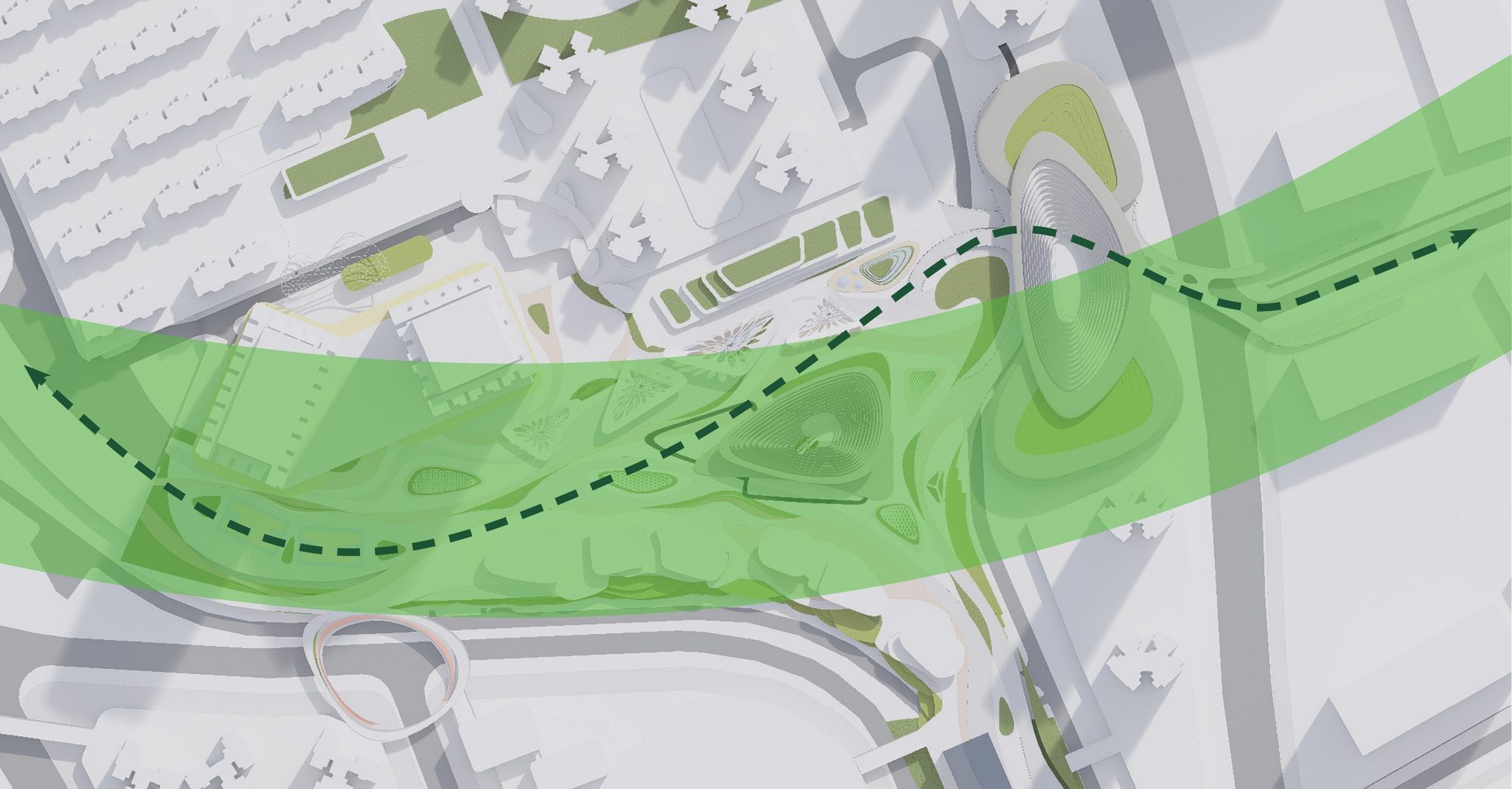 Diagram: a wide green band carries the city’s green axis east–west across the site