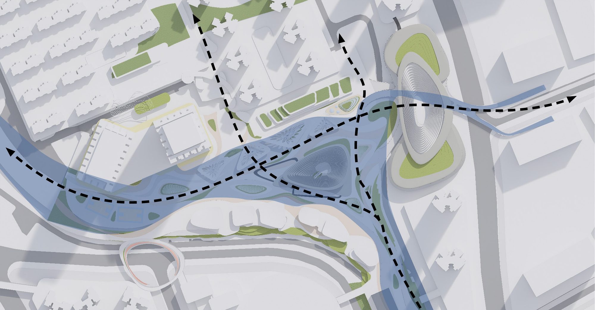 Diagram: pedestrian routes from every direction converge on the central park hub