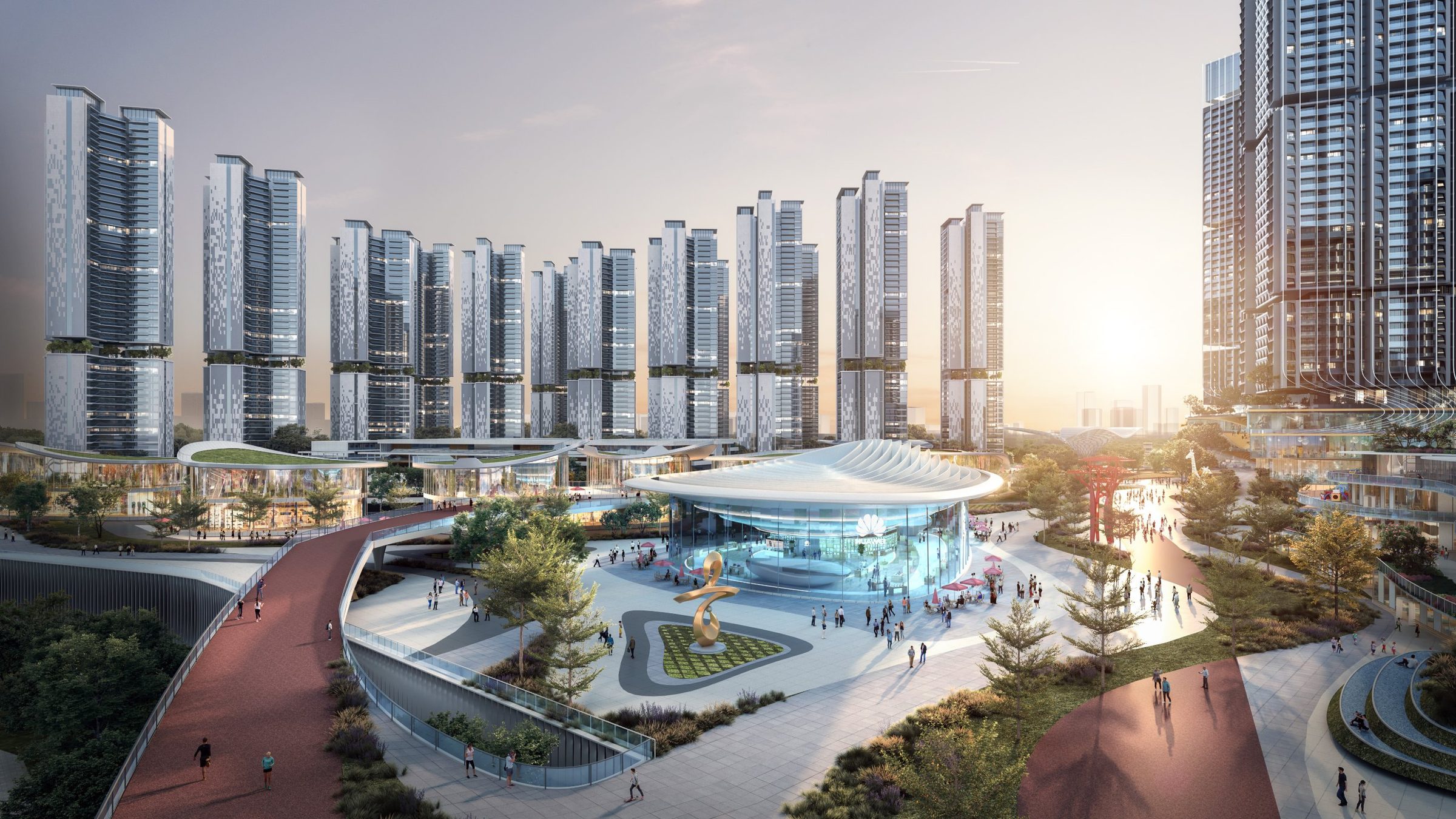 Rendering at sunset: a glass pavilion and sculpture on the plaza, the red track curving past, and residential towers beyond