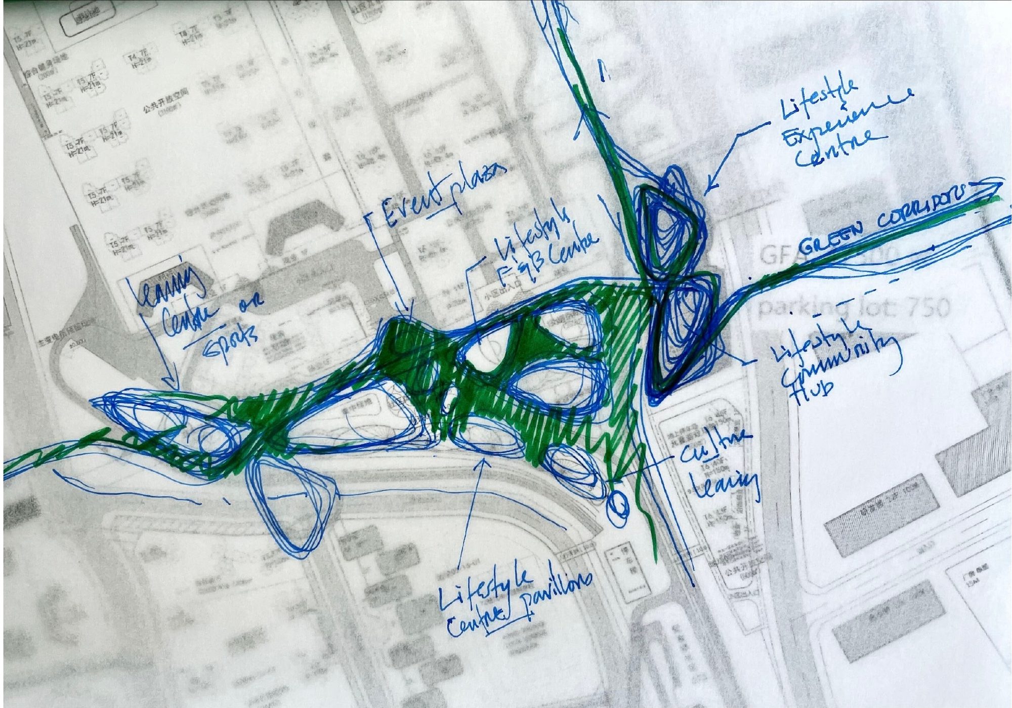 Hand sketch in blue and green ink: the green corridor threading east–west through lifestyle pavilions and the event plaza