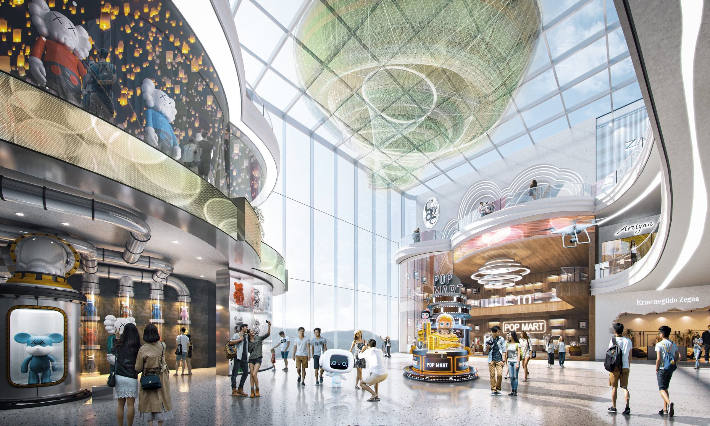 Rendering of a glazed atrium with a hanging sculpture, toy-figure displays and visitors taking photos