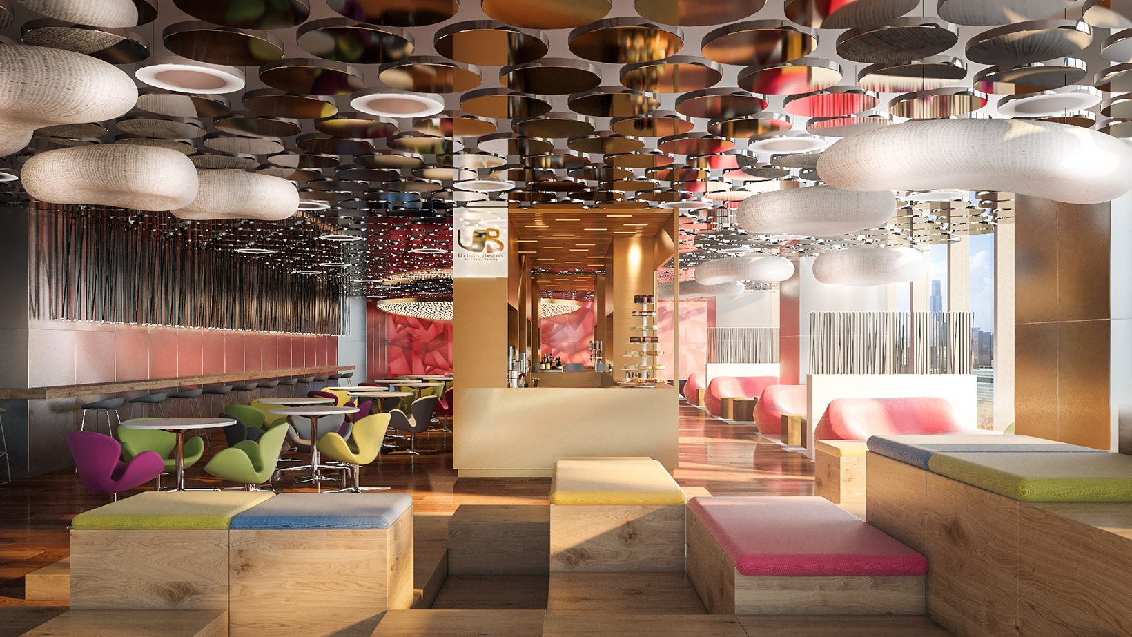 Rendering of the fifth-floor café with timber platforms, coloured cushions and cloud-like ceiling forms