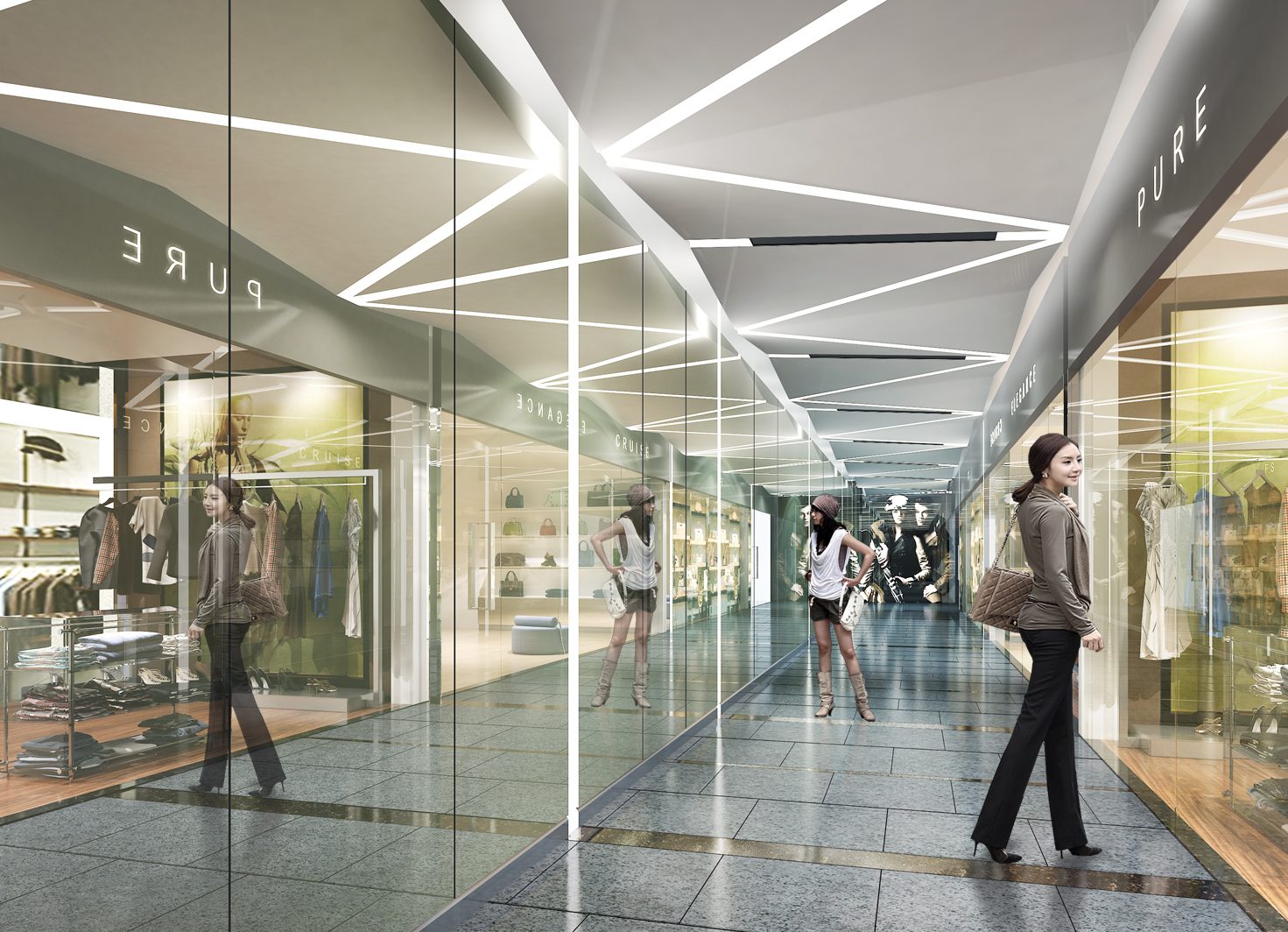 Rendering of a retail corridor with glazed shopfronts and linear ceiling lights