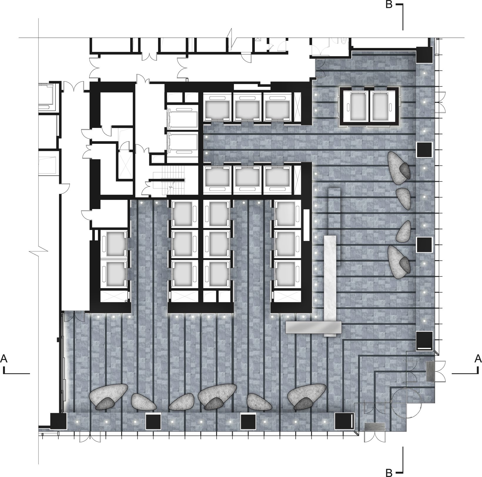 Floor plan of the office lobby with the grid of wall and floor panels