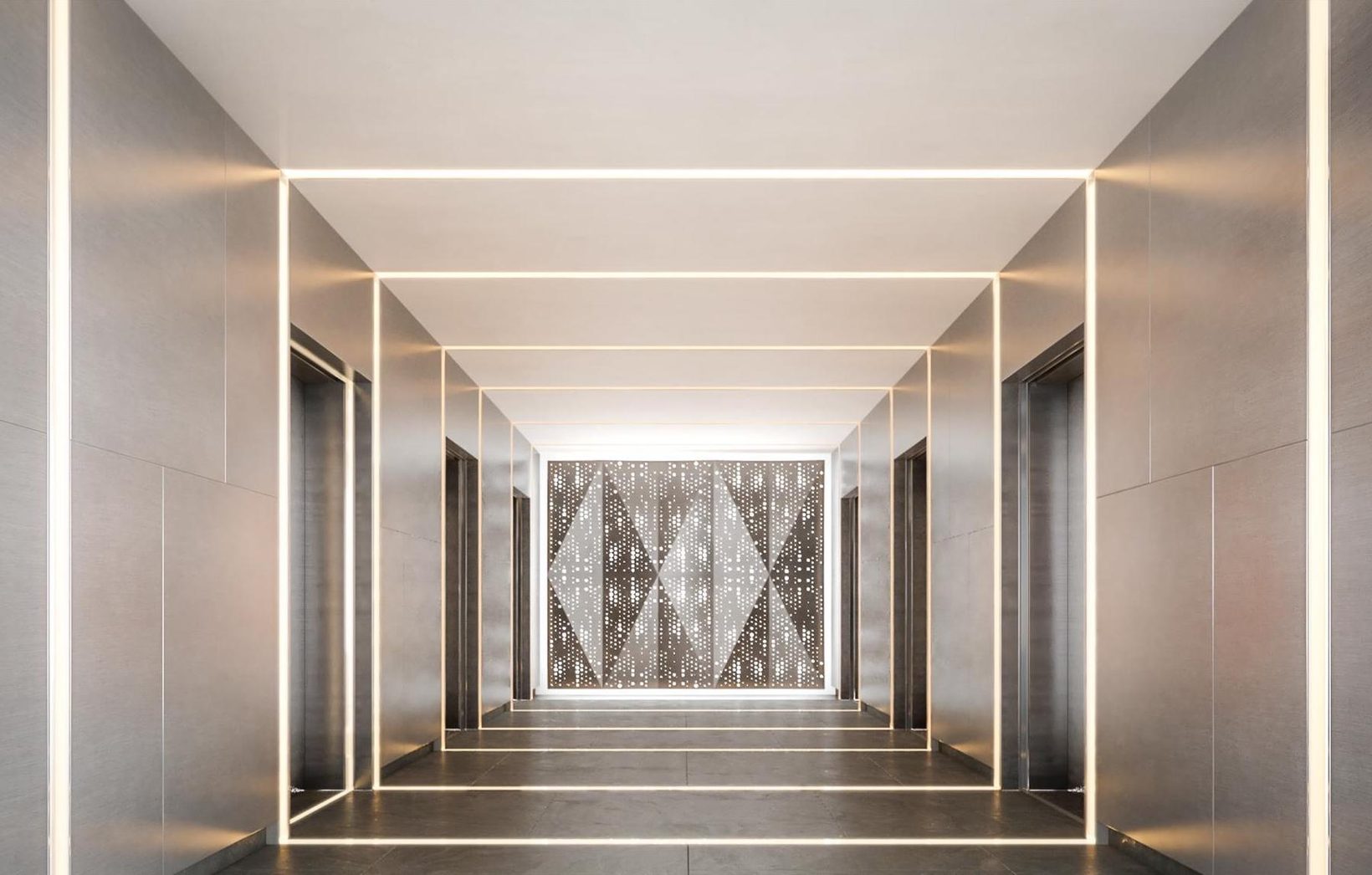 Rendering of a lift lobby framed by lines of light