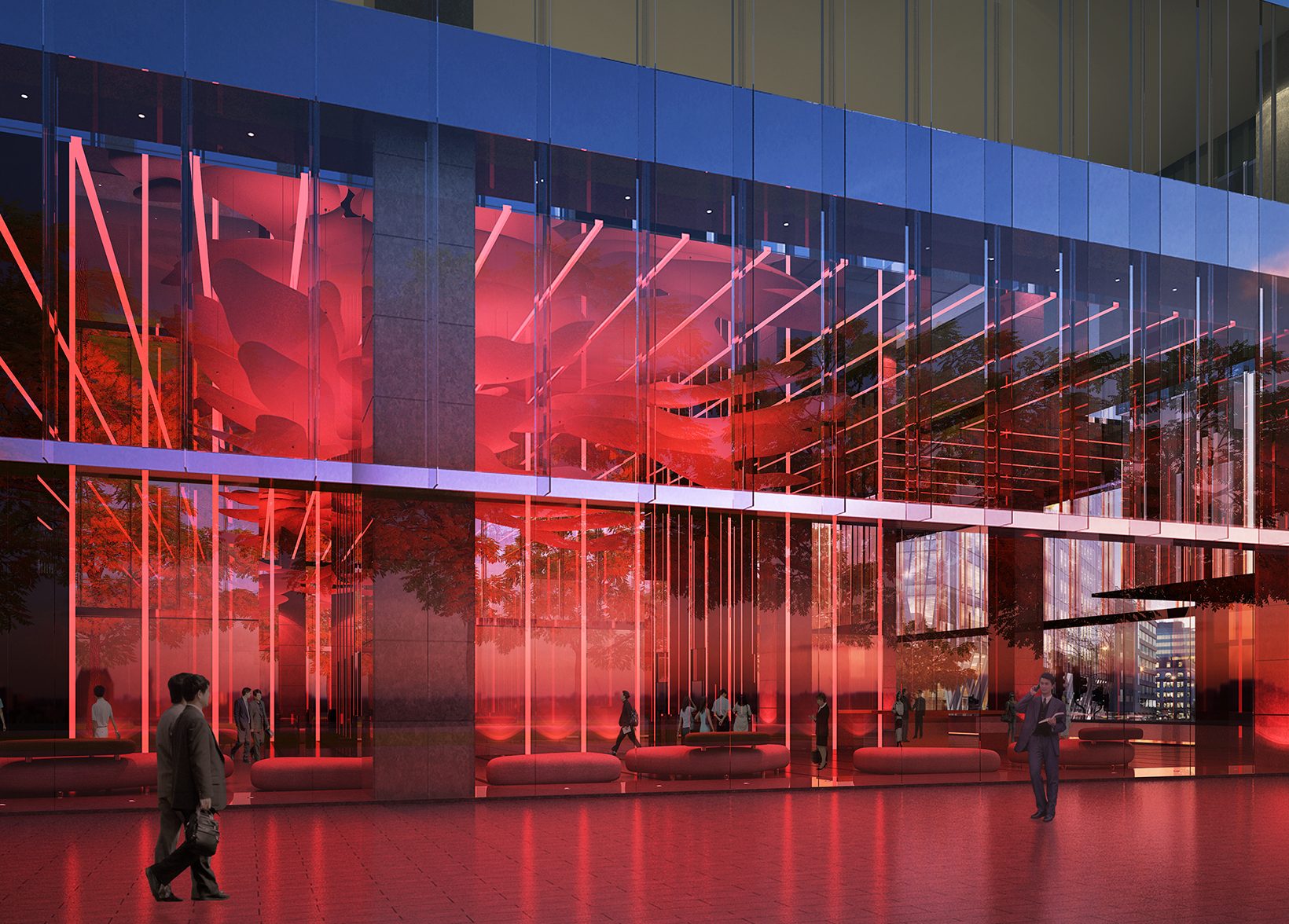 Rendering of the tower entrance at night, the lobby glowing red through the glazing