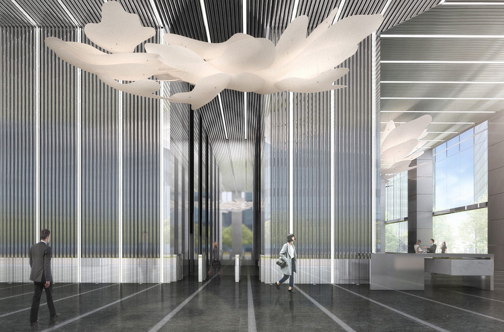 Rendering of the office lobby: a white cloud sculpture floating above a reception desk, mirror steel panels on the walls