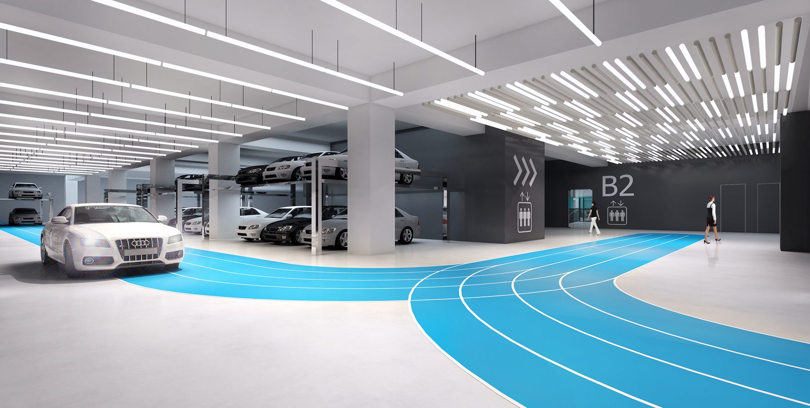 Rendering of the car park with a blue running track painted across the floor and linear lights above