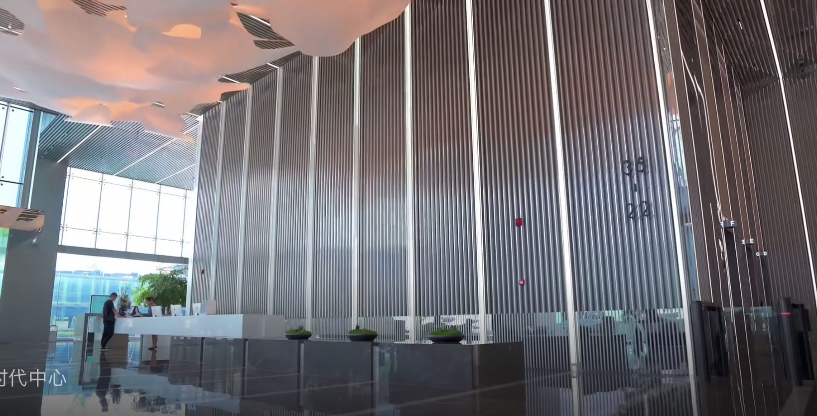 The cloud floating above the lobby, vertical steel panels and glazing beyond