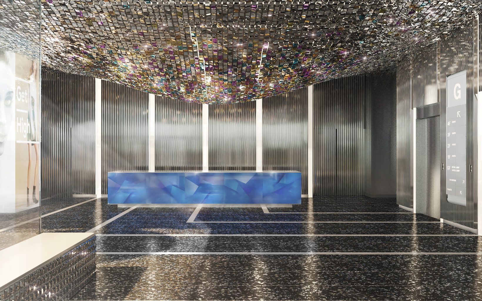 Rendering of the retail lobby: a sparkling crystal ceiling above a blue reception counter and steel walls