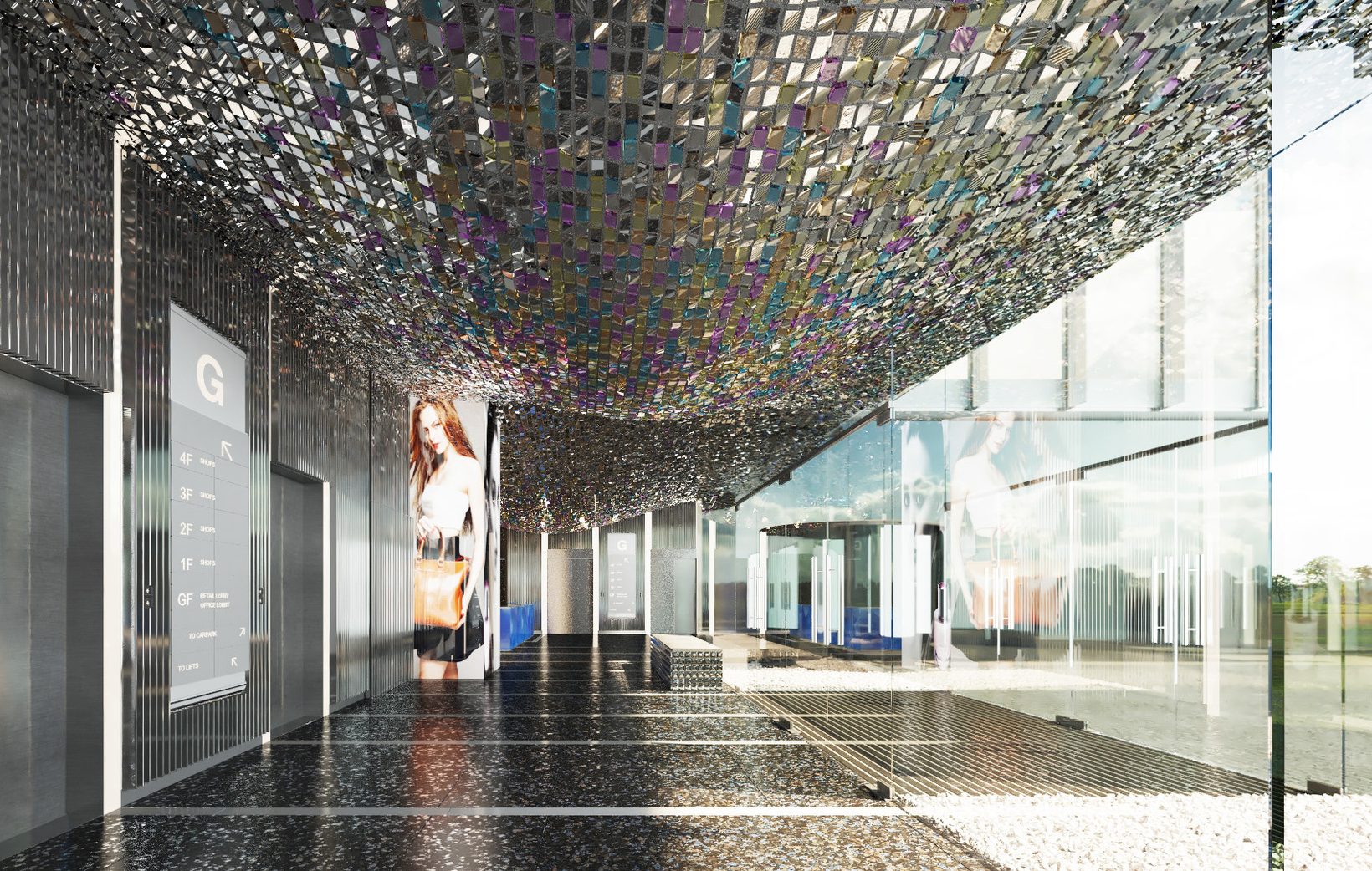 Rendering looking through the retail lobby toward the street, the crystal ceiling above