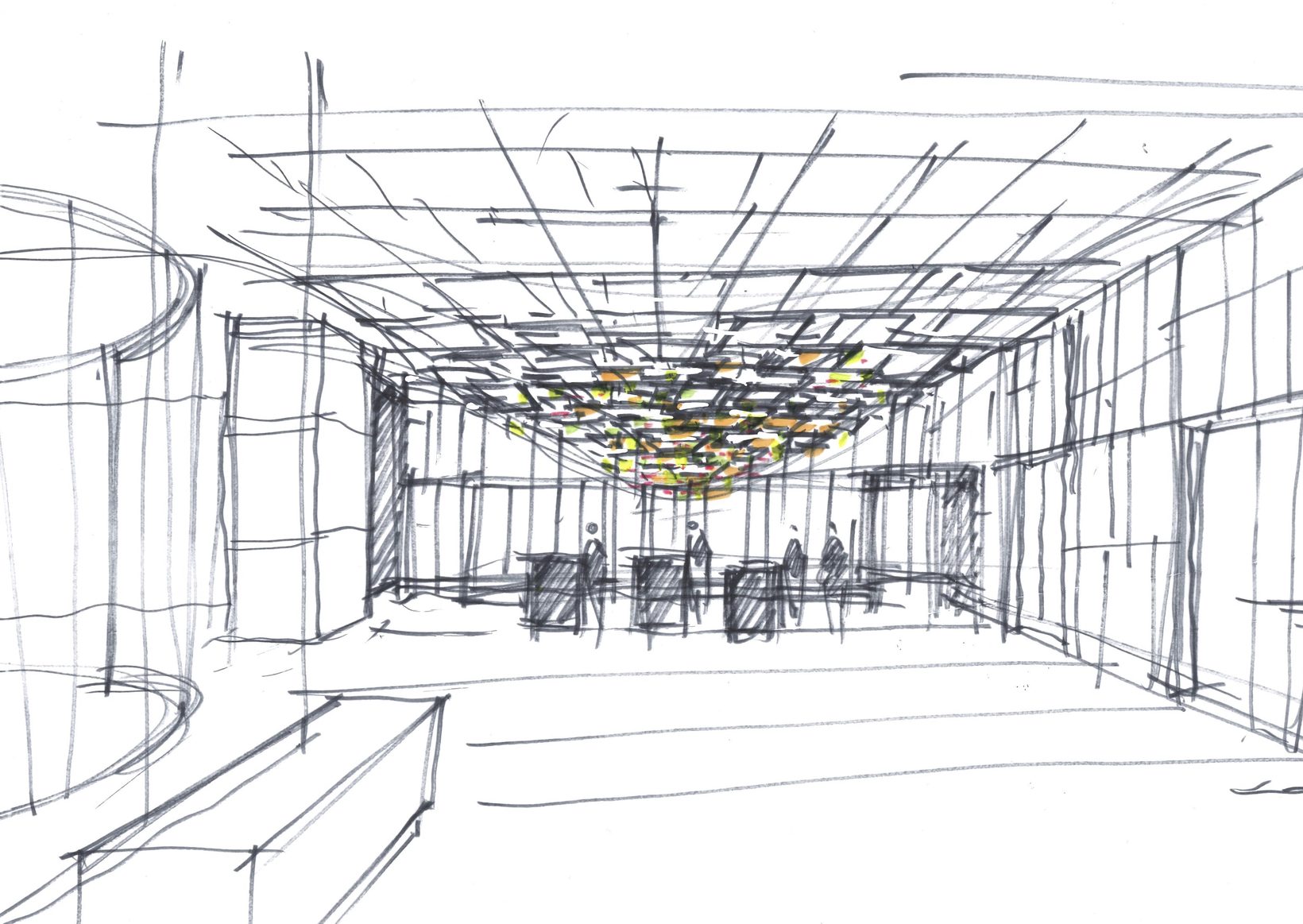 Pencil sketch of the retail lobby with a patterned ceiling hovering over the space