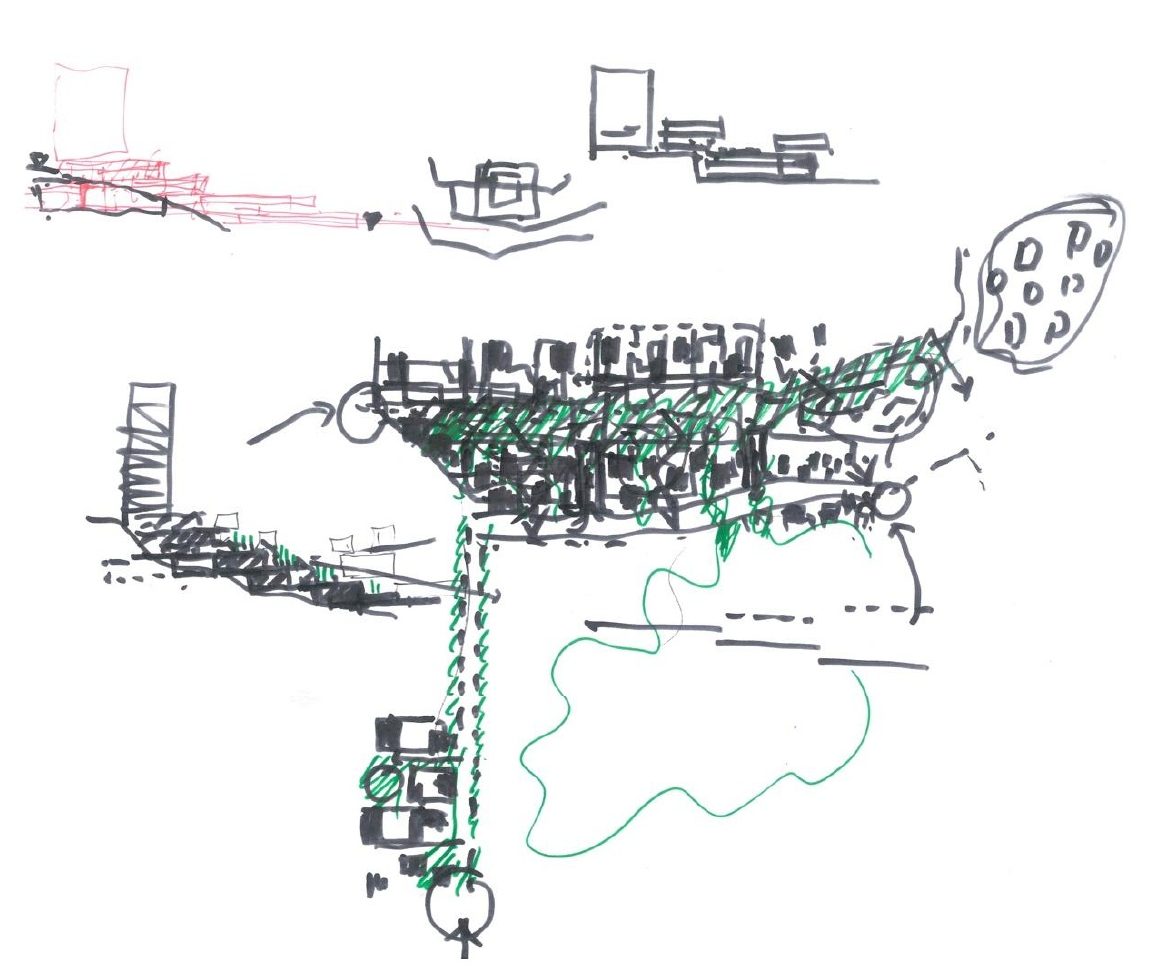 Hand sketch in black and green ink: the green spine linking the village to the new district