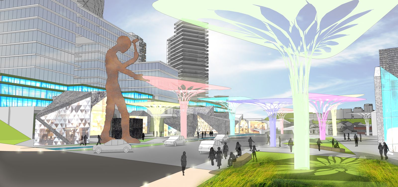 Rendering of the Ancient Plaza: a giant figure sculpture, tree-like coloured canopies and lawn at the edge of the old town