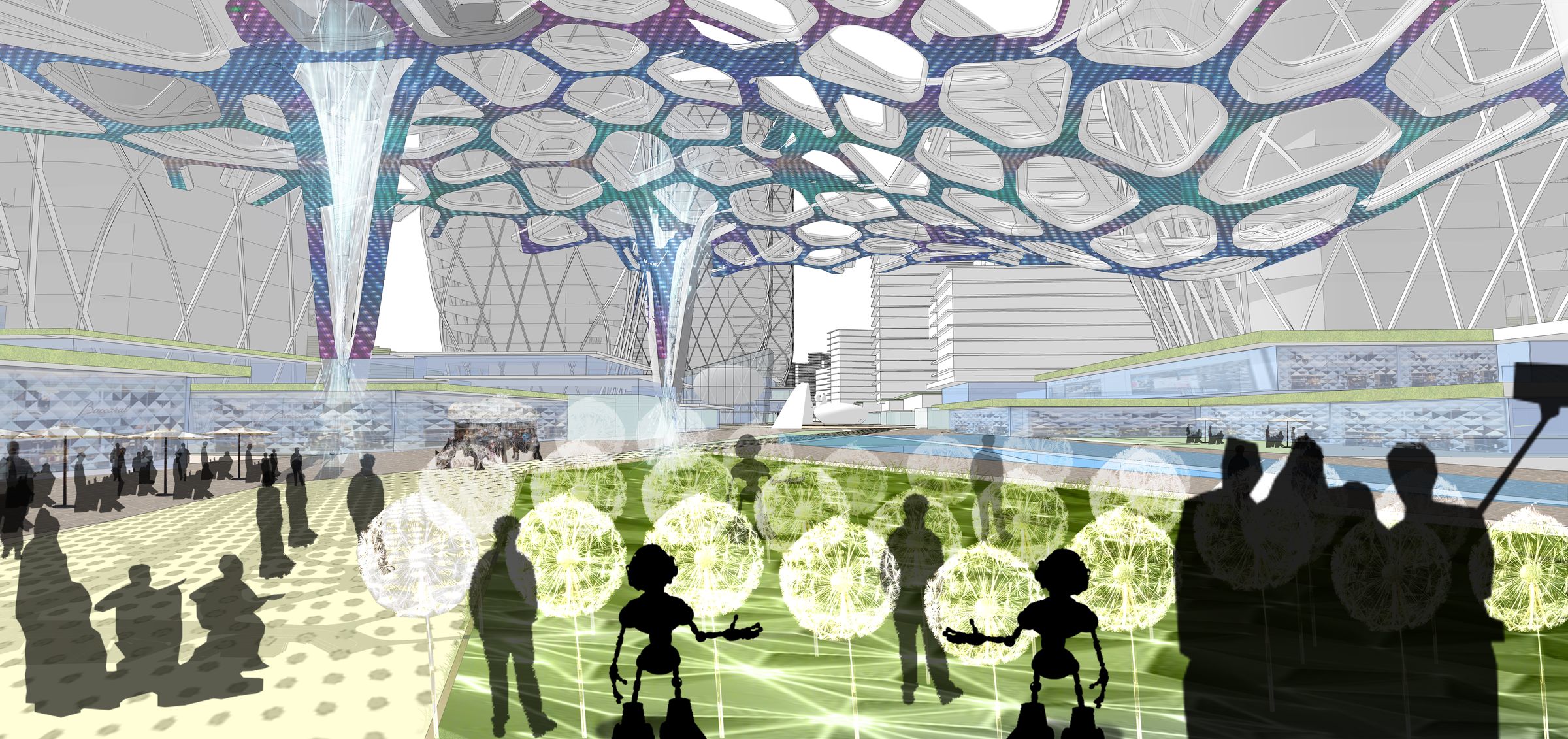 Rendering of the central plaza under a cellular canopy, with visitors, glowing light spheres and small robots on an illuminated floor