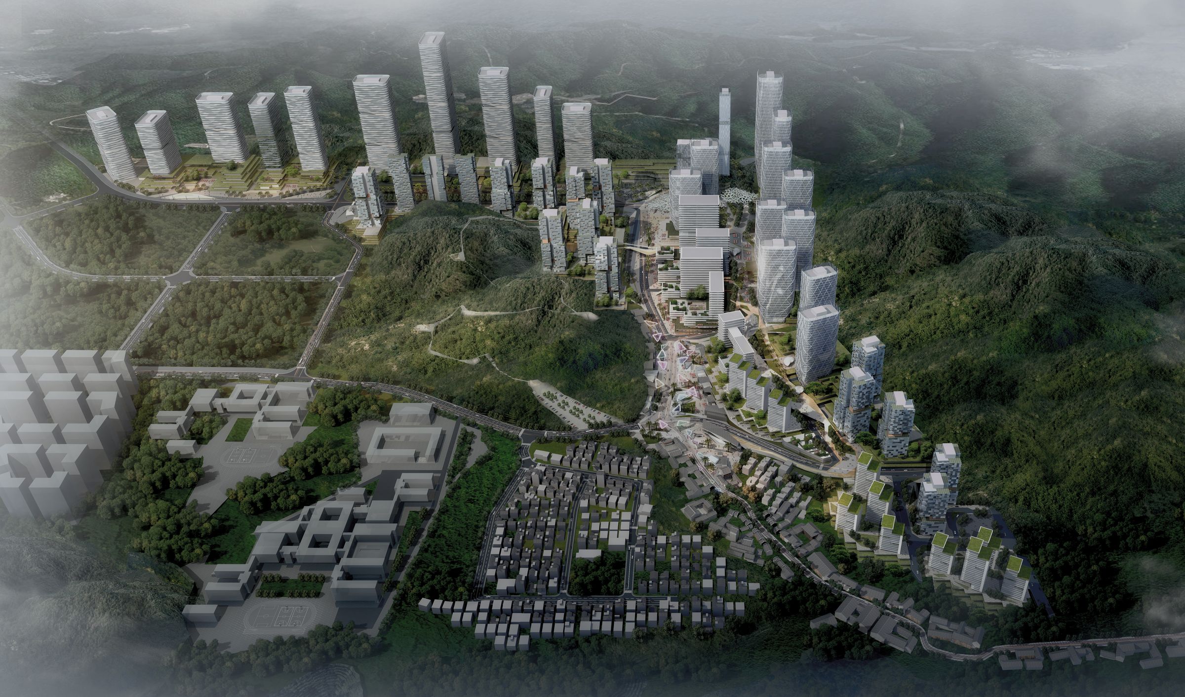 Aerial rendering by day: the Hakka village in the foreground, the promenade threading south between towers set against wooded hills