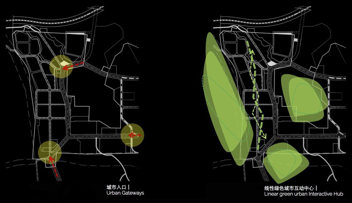Two black plan diagrams: three urban gateways marked at the valley entrances, and green zones linked by a linear green spine