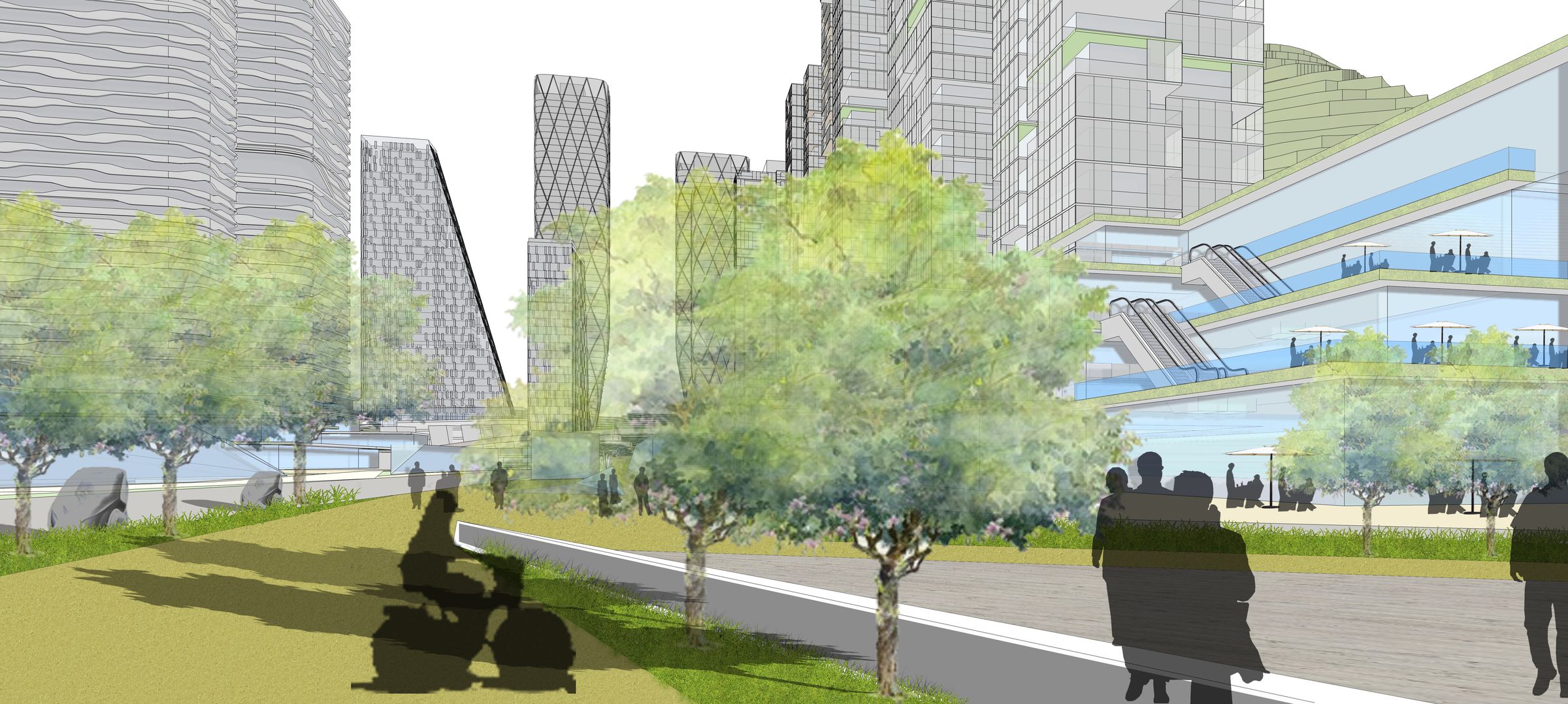 Rendering of a tree-lined green promenade with people walking and cycling, terraced podiums and escalators rising beside it
