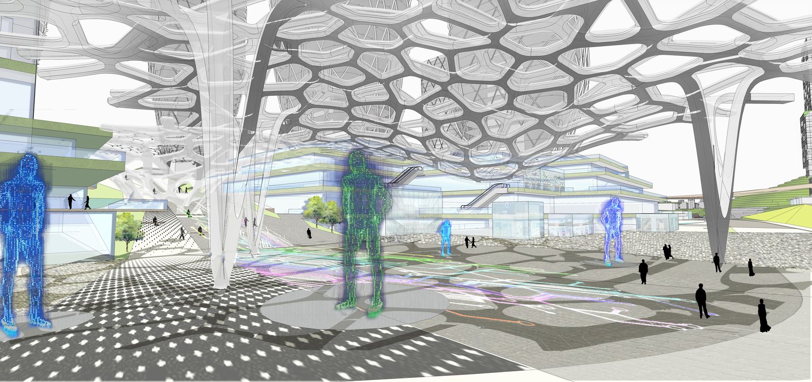 Rendering of the Future Plaza: a perforated canopy on sculpted columns and holographic figures in a paved square