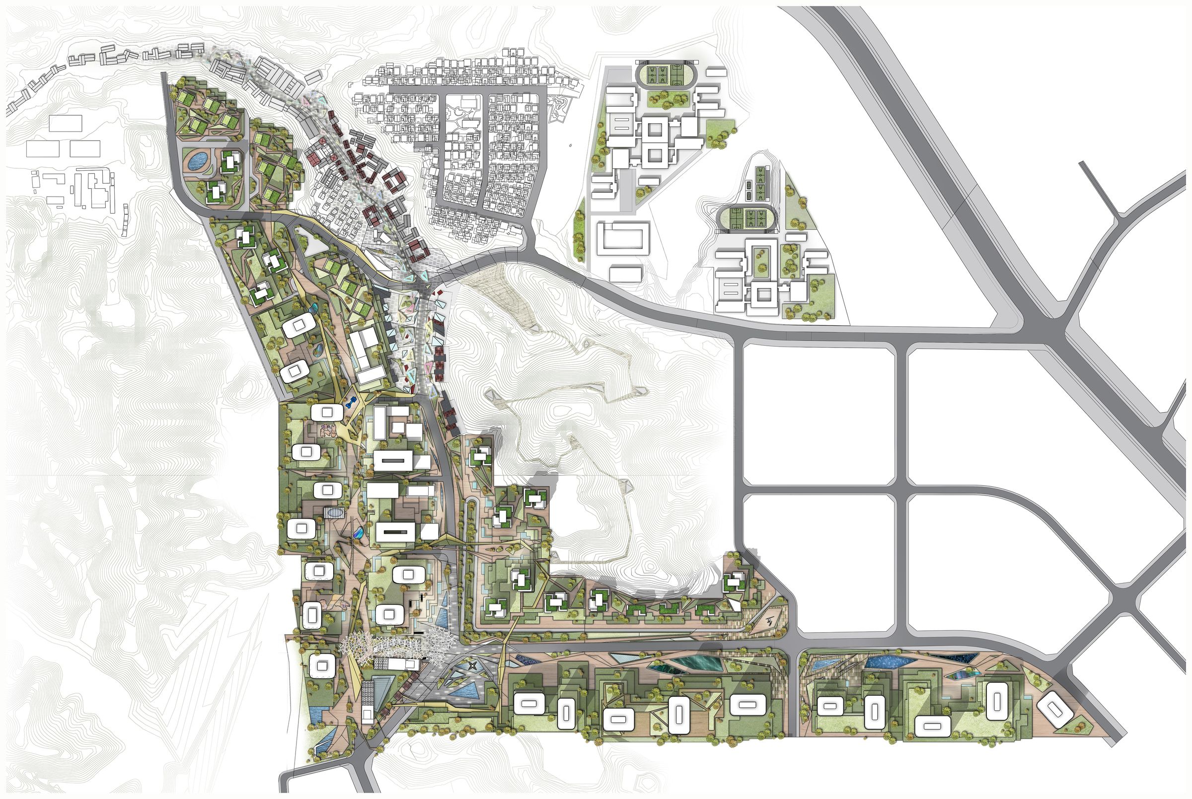 Coloured master layout plan of the valley, with the Hakka village to the north, a green spine running south and new blocks along the western and southern edges