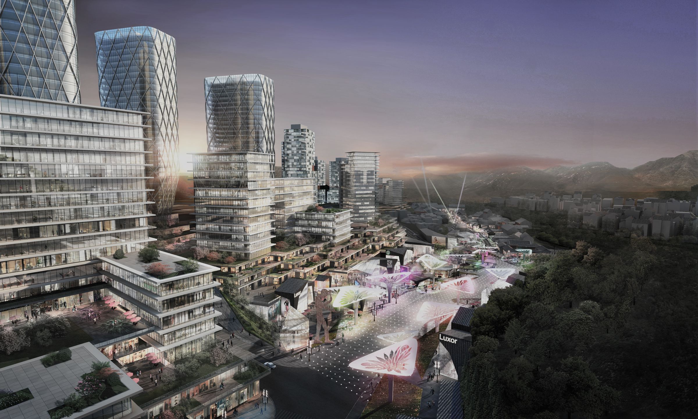 Rendering at dusk of a terraced pedestrian street between glass towers, with light canopies and the old town and hills beyond