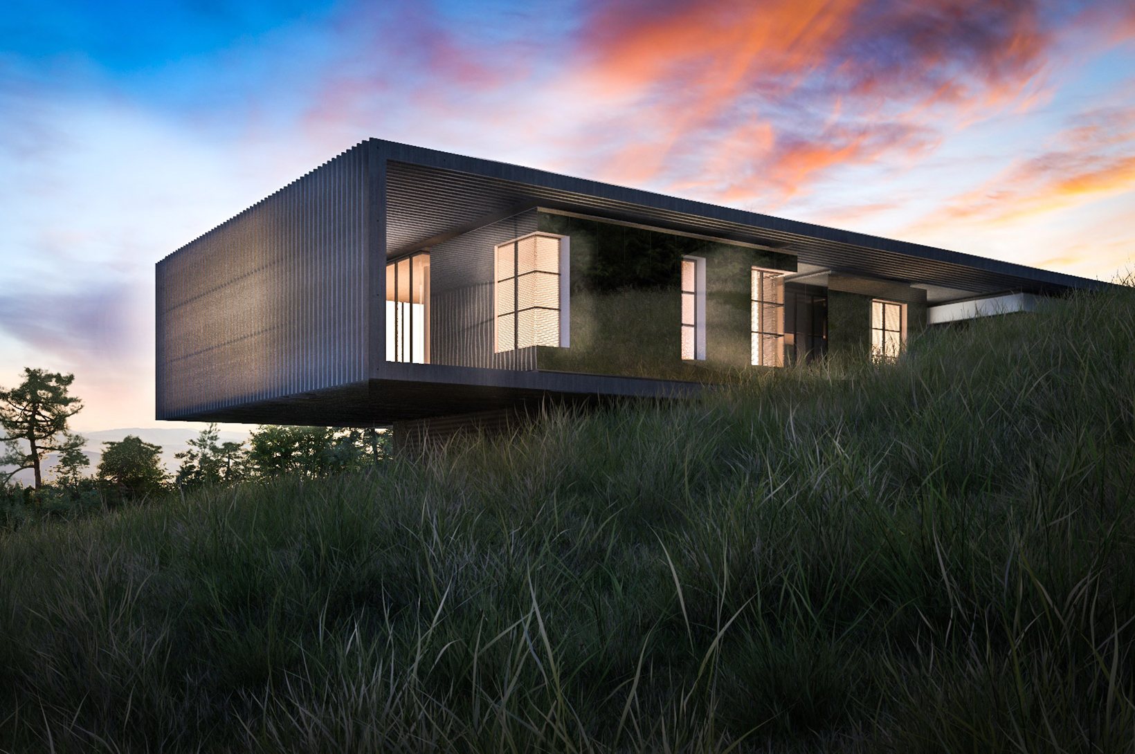 The house cantilevered over a grassy knoll at sunset, its timber-louvred volume lit from within