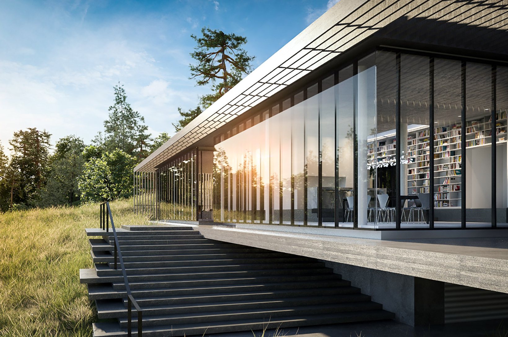The south façade: full-height glazing beneath a deep roof, broad steps leading down to the meadow