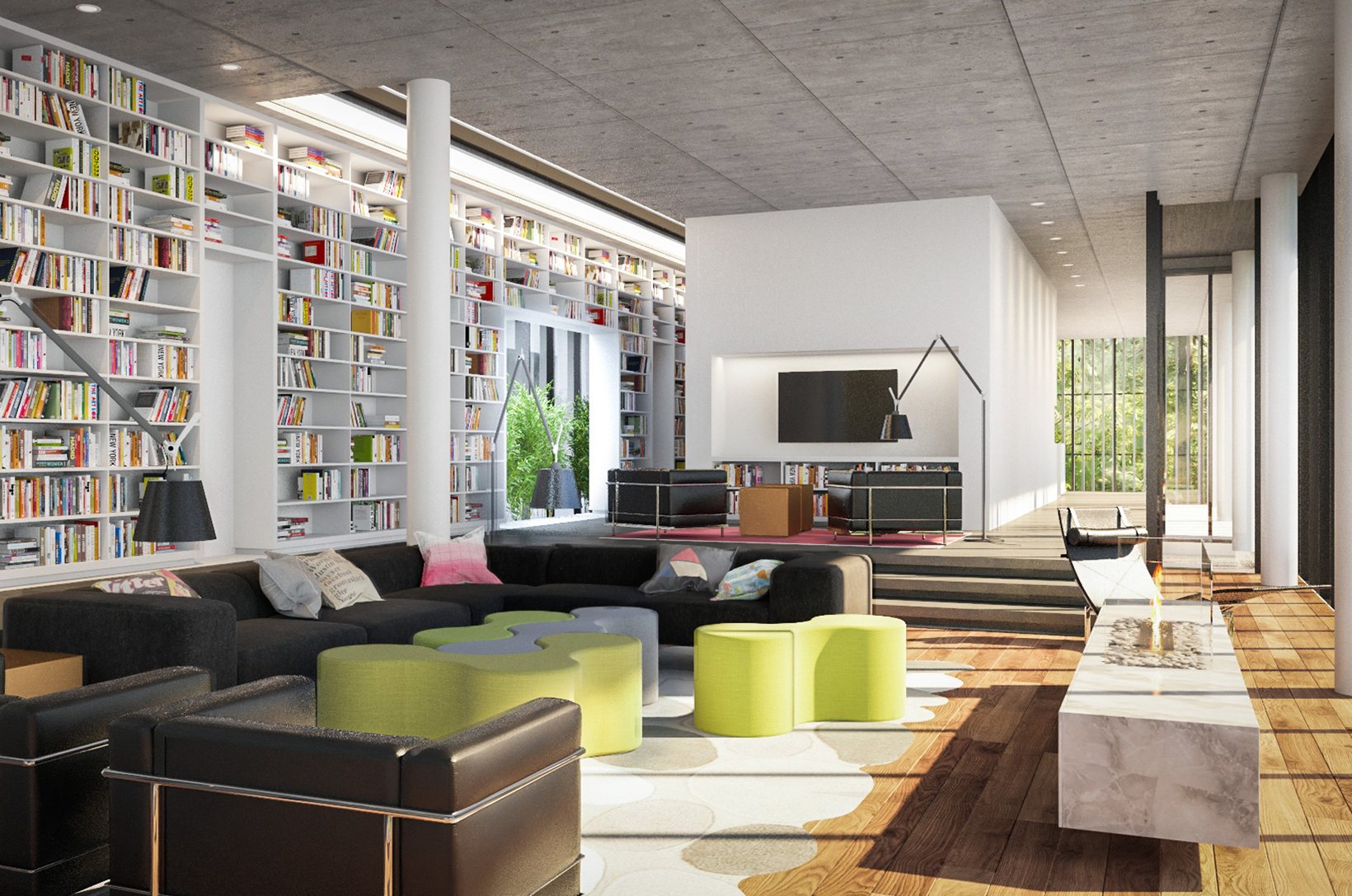 The living room: sofas and timber floors before a full-height wall of bookshelves, glazing to the trees beyond