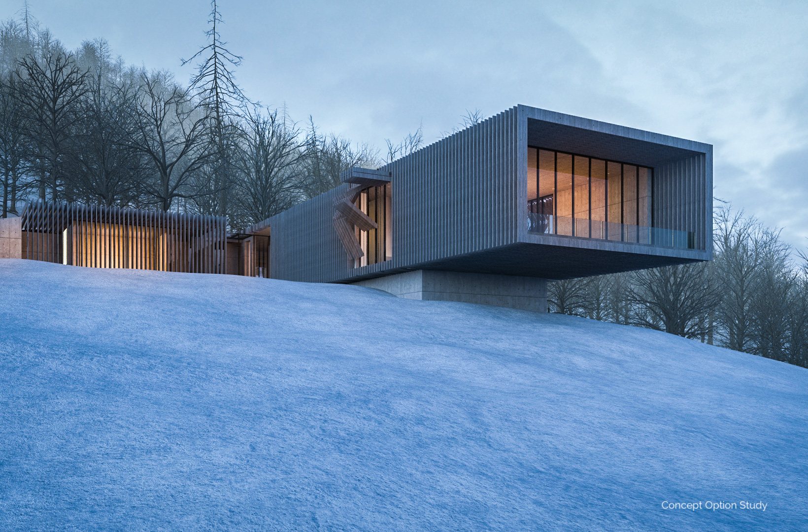 An earlier option: a louvred upper volume cantilevered above a lower one on a snowy slope