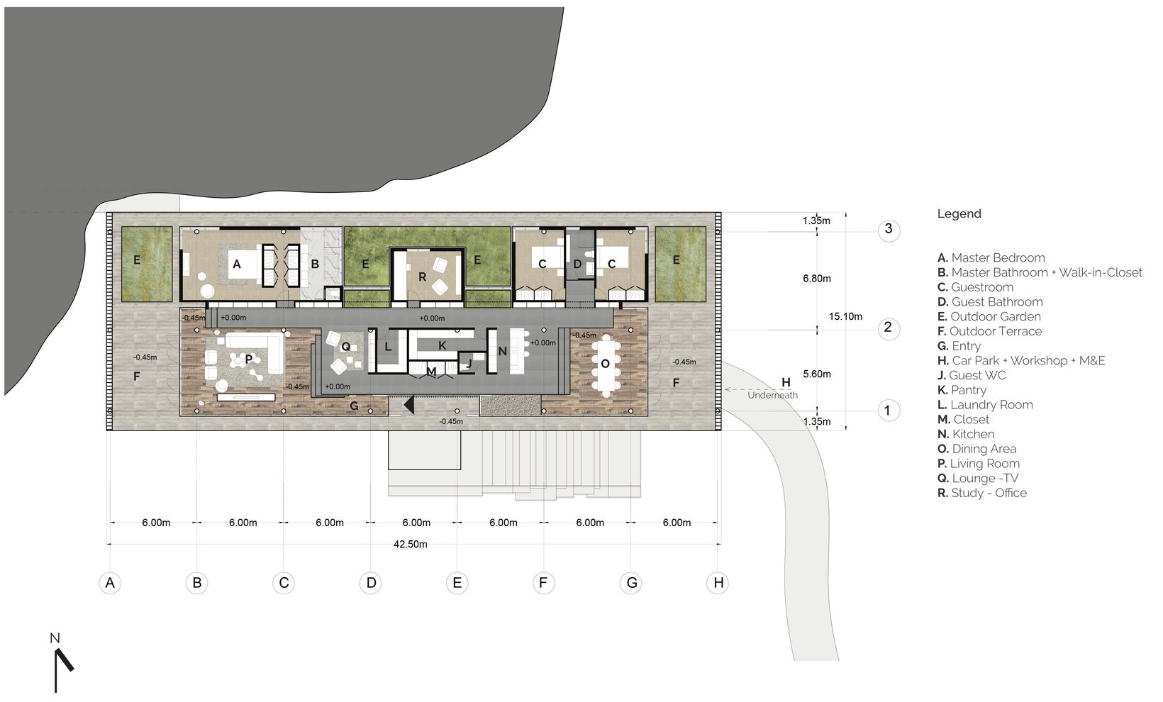 Floor plan: a long rectangle with living spaces along the south and bedrooms and study along the north, divided by a central shelf