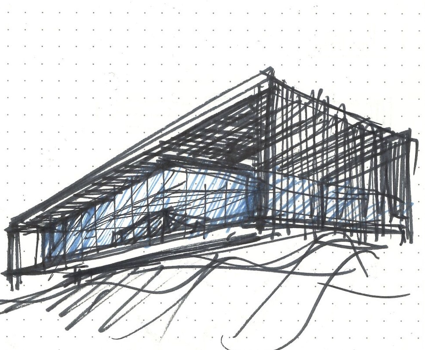 Loose ink sketch of a long, cantilevered volume over sloping ground