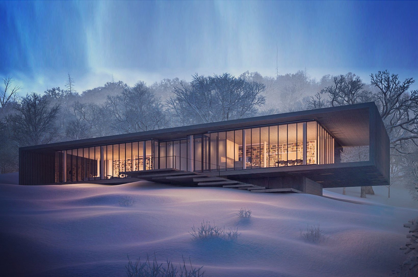 The house at night in winter, its glass façade glowing across a snow-covered slope
