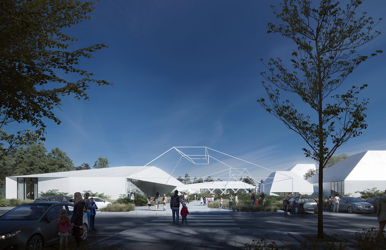 Families arriving at the school under a light steel canopy, low white buildings beyond