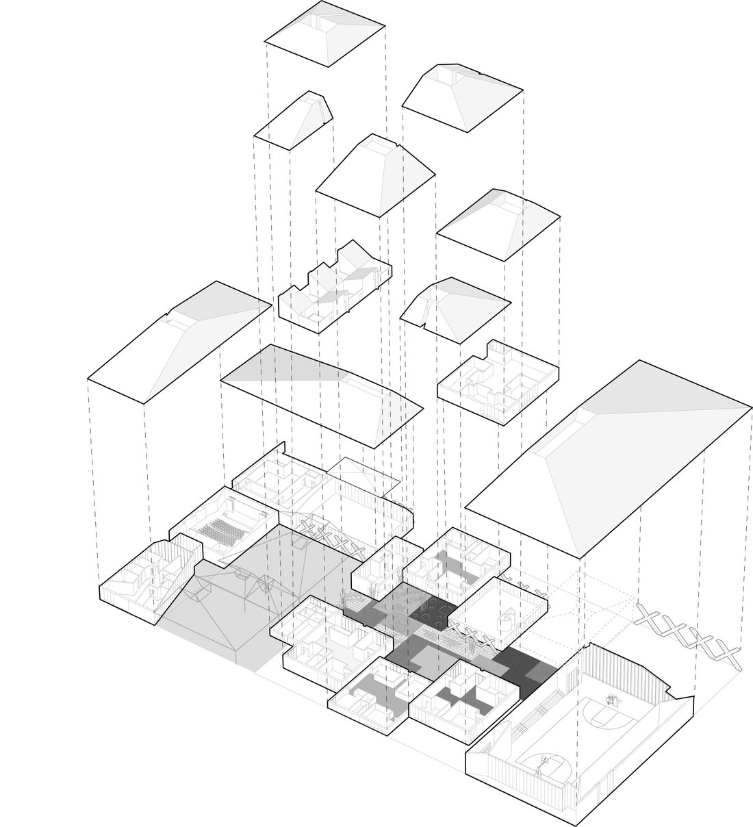 Exploded axonometric drawing showing pitched roofs lifted above the classroom clusters and shared spaces