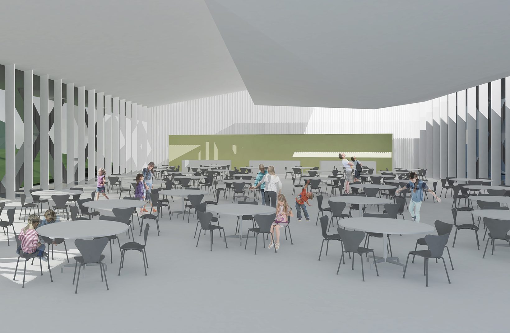 The cafeteria with round tables under a folded white ceiling