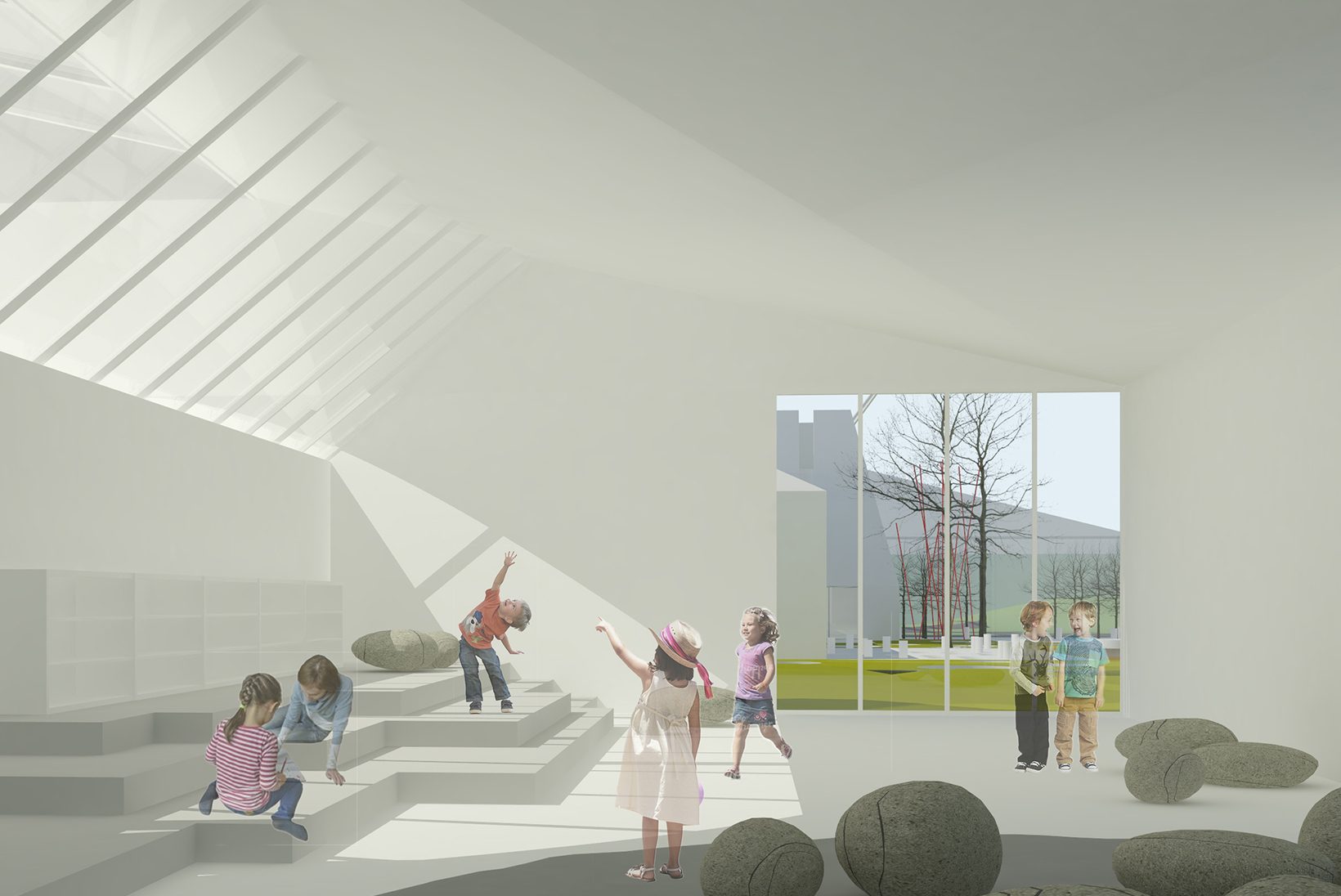 Children on stepped seating in a bright shared space beside a classroom