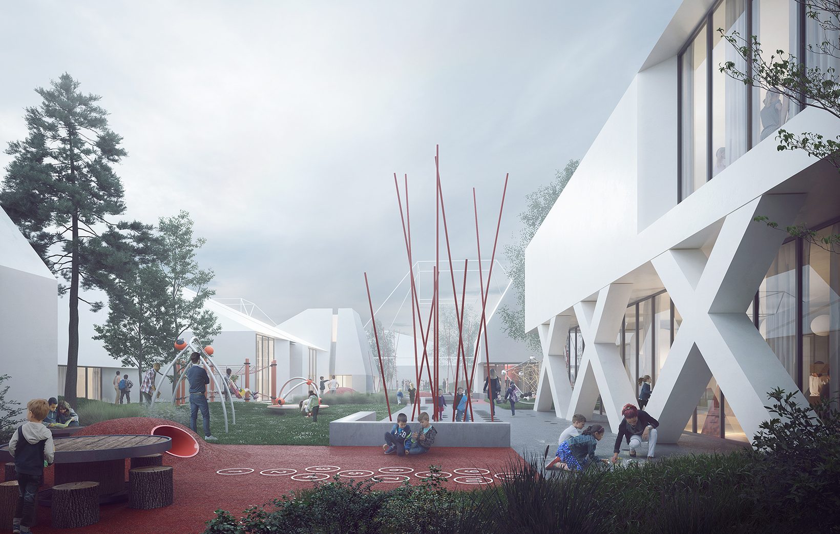 Children playing in a schoolyard between white pitched-roof buildings, red poles rising from the ground